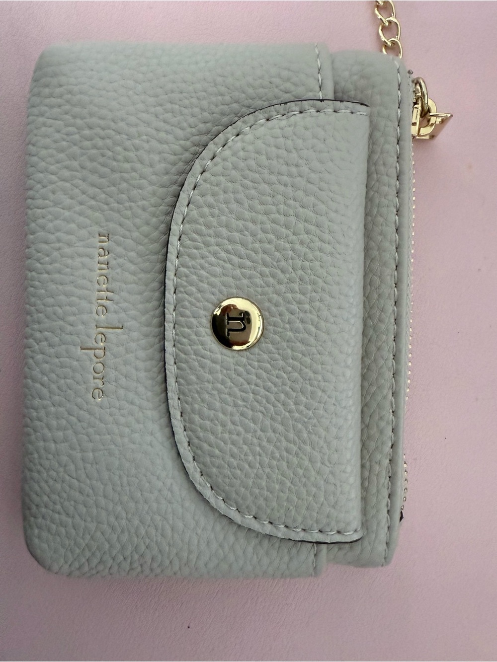 Nanette Lepore Light Gray Pebbled Leather Compact Wallet with Gold Hardware
